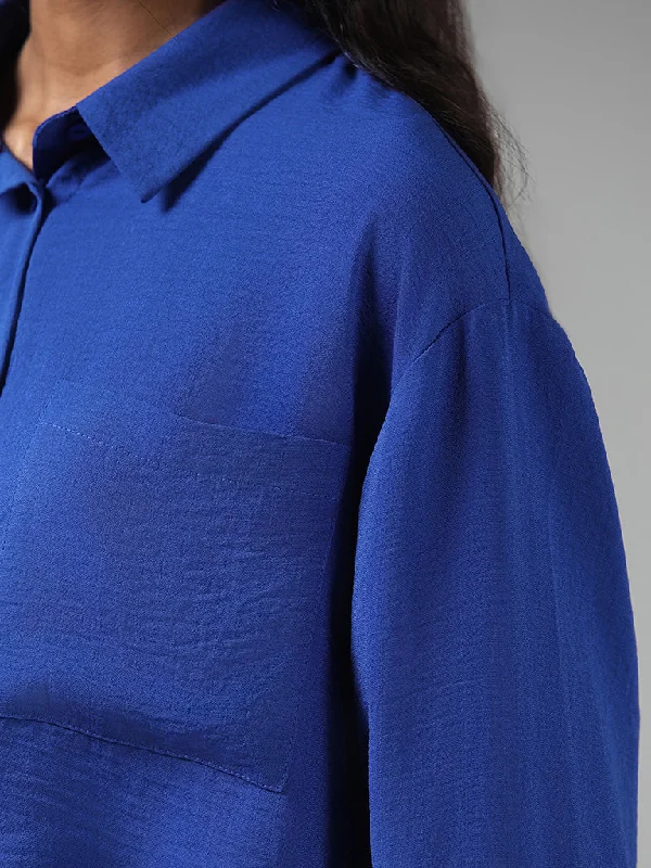 Nuon Solid Cobalt Blue Crop Shirt