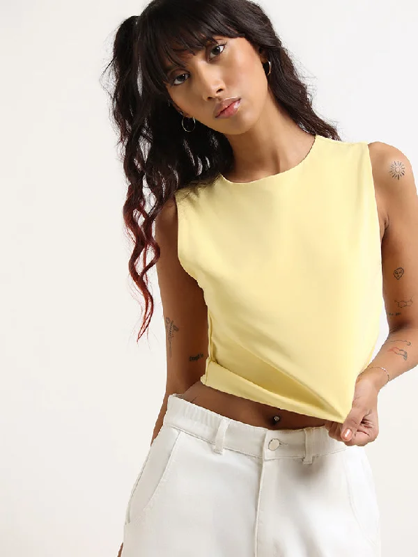 Nuon Yellow Textured Cotton Blend Crop T-Shirt