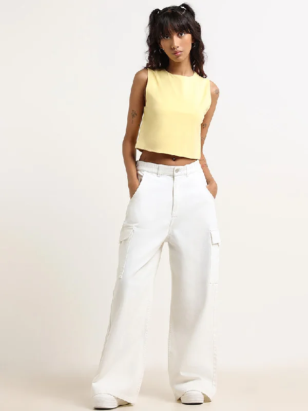 Nuon Yellow Textured Cotton Blend Crop T-Shirt