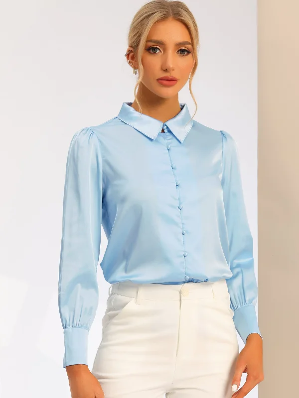 Satin Puff Sleeve Point Collar Button Up Blouse