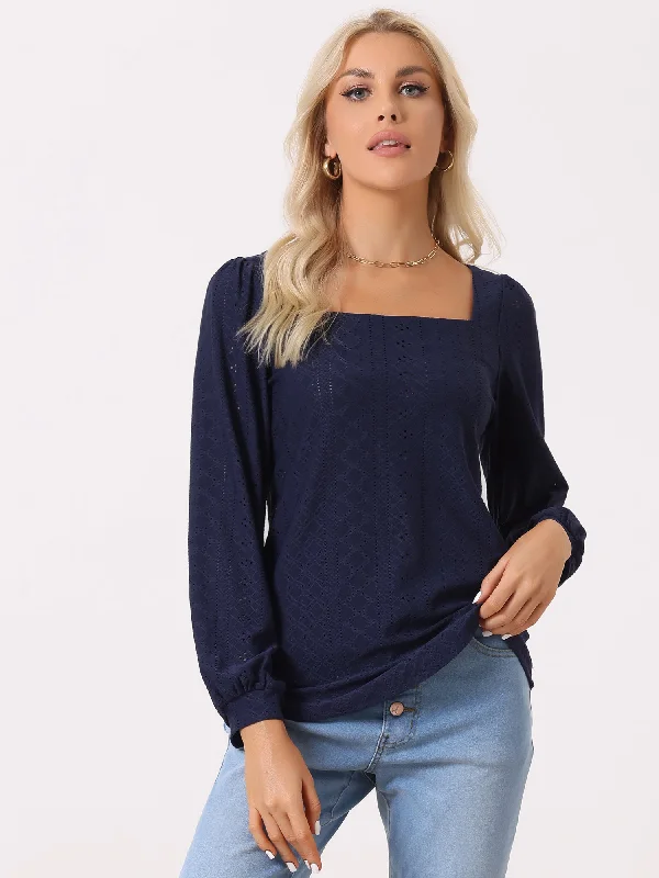 Square Neck Lantern Long Sleeve Eyelet Blouse