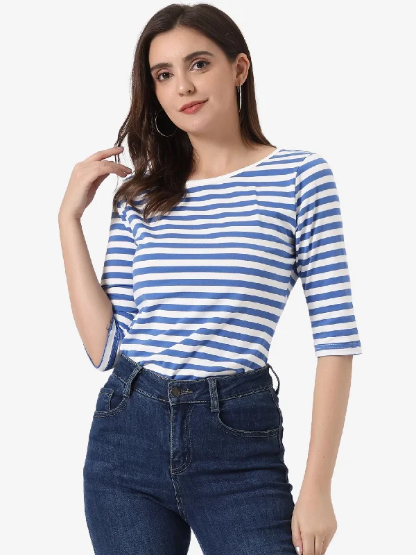 Elbow Sleeve Round Neck Casual Striped T-Shirt