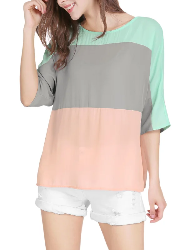 Chiffon Top Half Batwing Sleeve Color Block Loose Tunic Blouse