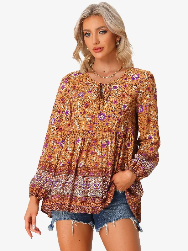 Long Sleeve V Neck Boho Casual Floral Blouse