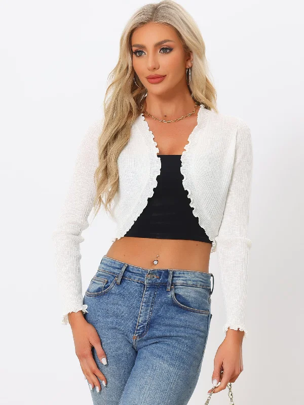 Women's Crop Shrug Ruffle Trim Long Sleeve Knit Elegant Open Front Casual Bolero Cardigan