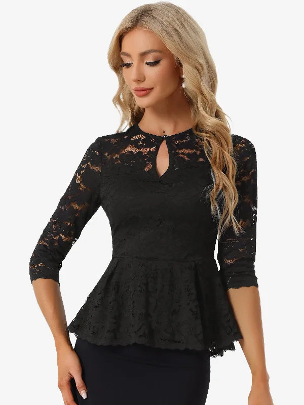 Lace Elegant Solid Color Sheer 3/4 Sleeve Peplum Blouse