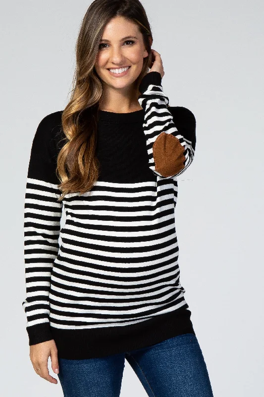 PinkBlush Black Striped Elbow Patch Knit Maternity Sweater