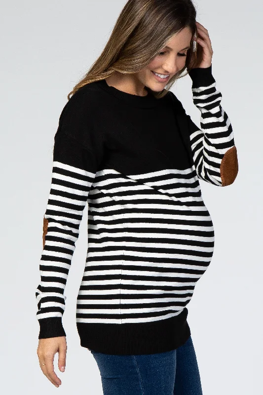 PinkBlush Black Striped Elbow Patch Knit Maternity Sweater