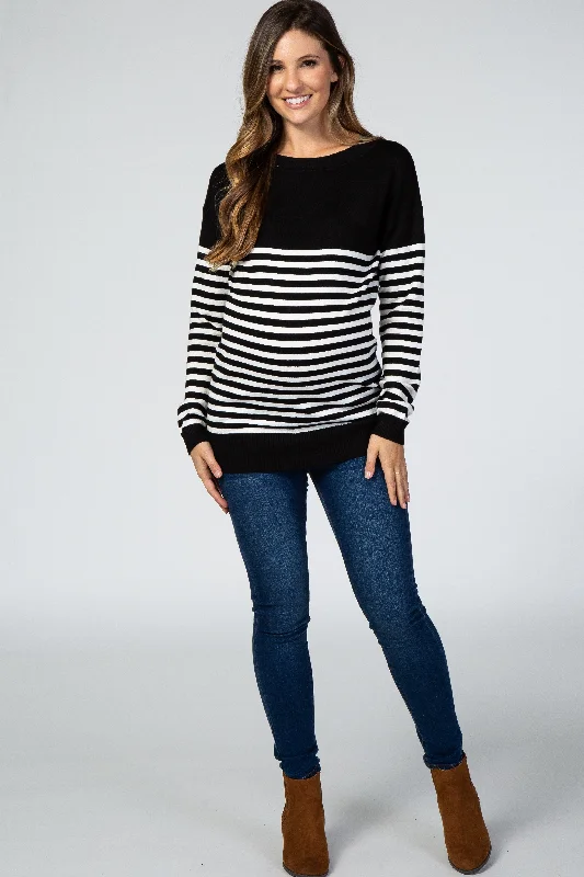 PinkBlush Black Striped Elbow Patch Knit Maternity Sweater