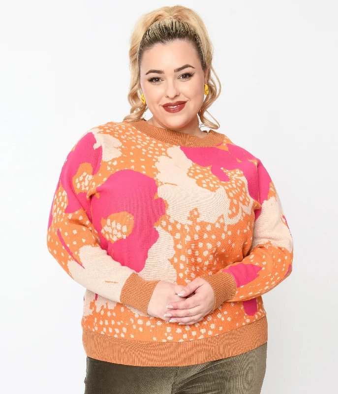 Plus Size 1970s Rust Orange & Fuchsia Floral Knit Sweater