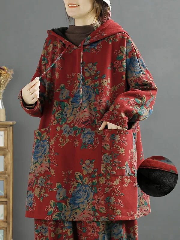 Plus Size Women Vintage Floral Autumn Warm Hooded Shirt