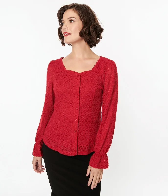 Red Perforated Diamond Knit Cardigan