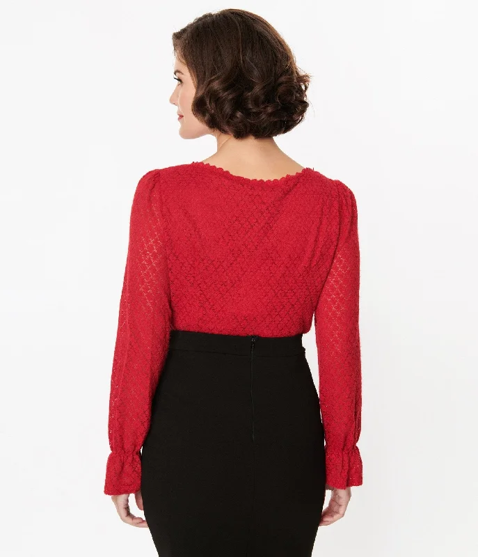 Red Perforated Diamond Knit Cardigan