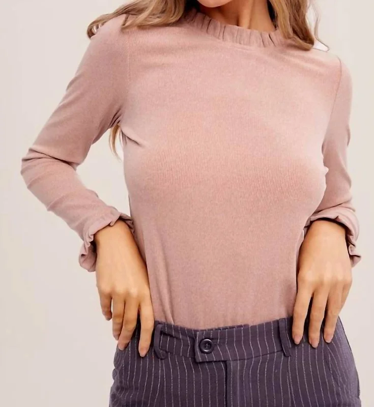 Ribbed Knit Long Sleeve Ruffle Top - Blush