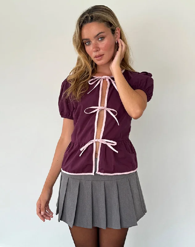 Ryota Tie Front Blouse in Oxblood with Pink Lady Binding