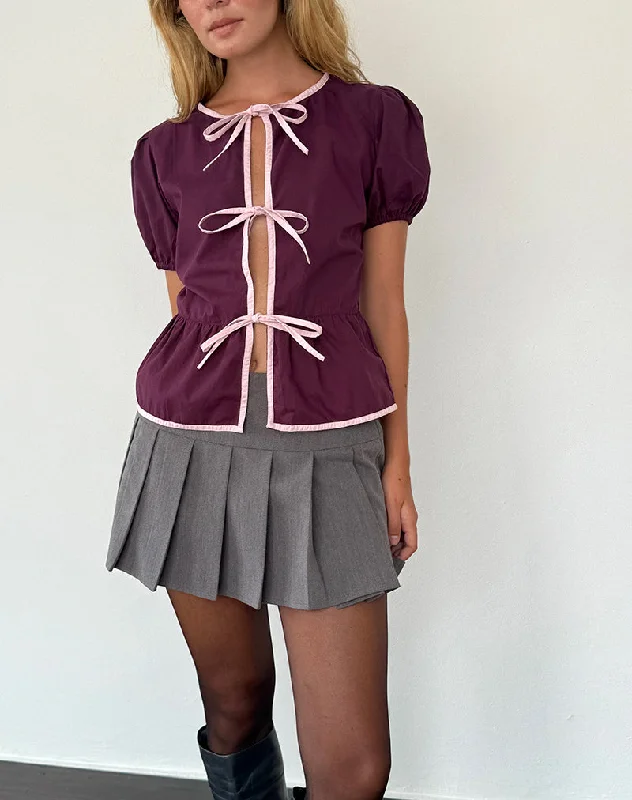 Ryota Tie Front Blouse in Oxblood with Pink Lady Binding