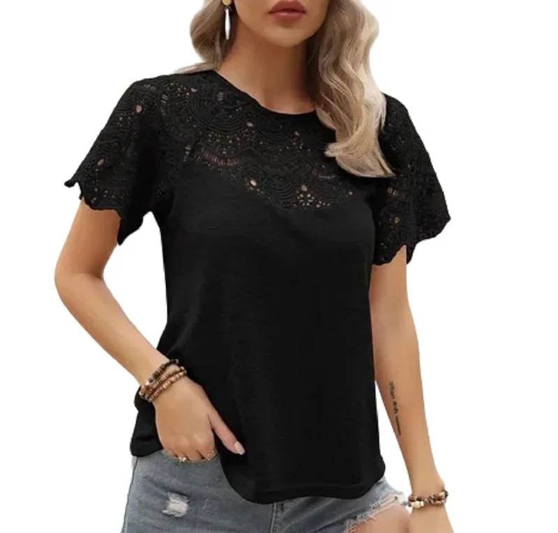 Sheer Lace Sleeve Top In Black