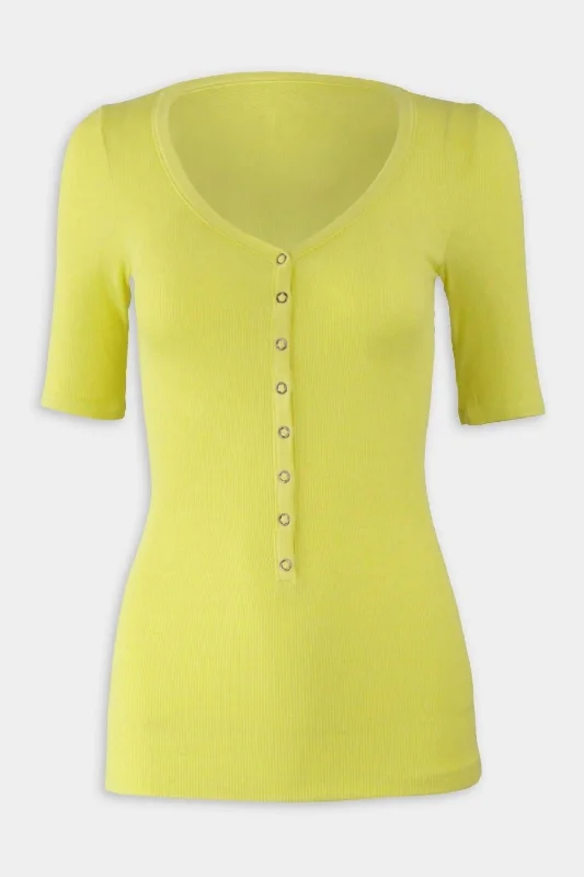 Silk Rib Half Sleeve Snap Henley Top In Citron