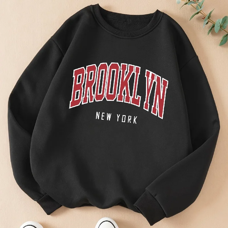 Sixsr Brooklyn Print Solid Pullover, Crew Neck Long Sleeve Casual Sweatshirt, Women's Clothing