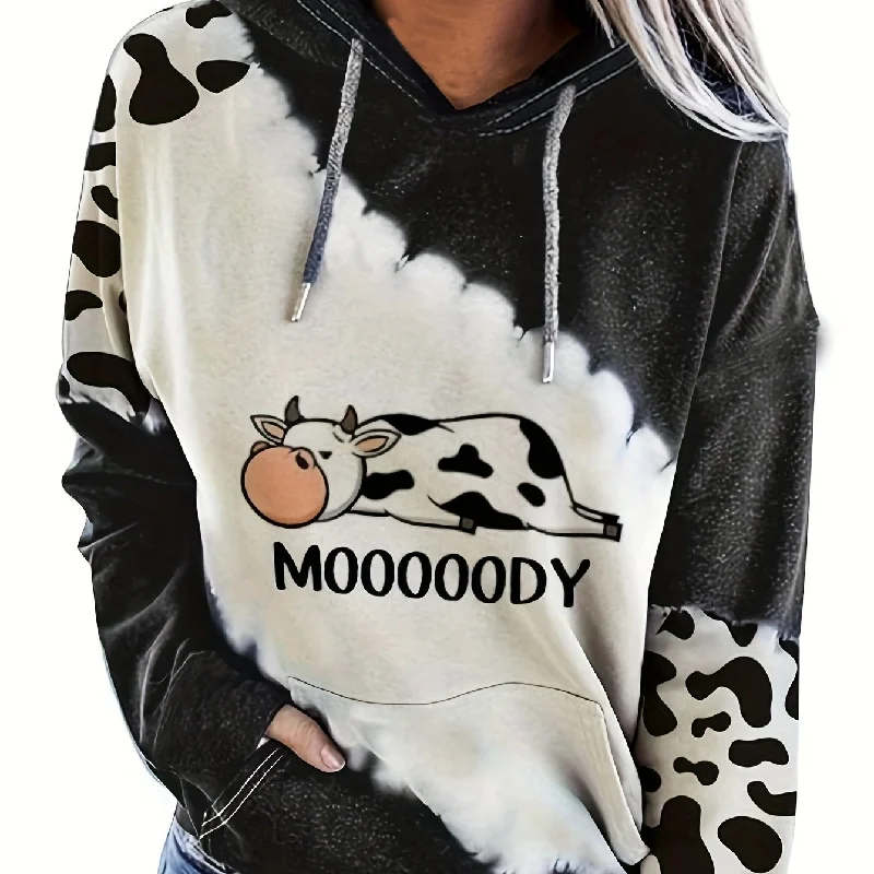 Sixsr Cow & Letter Print Hoodies, Casual Drawstring Kangaroo Pocket Sweatshirt, Women's Clothing