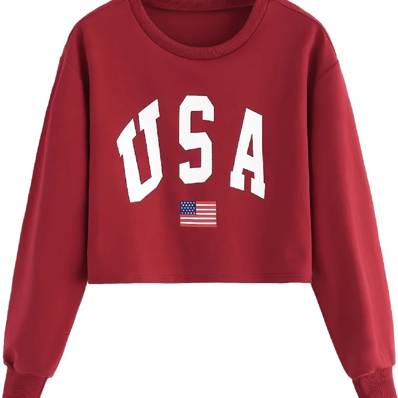 Sixsr Graphic Print Crop Sweatshirt, Long Sleeve Crew Neck Pullover Sweatshirt, Casual Tops For Fall & Winter, Women's Clothing