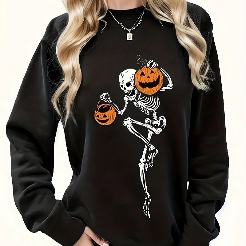 Sixsr Halloween Skull Print Pullover Sweatshirt, Casual Long Sleeve Crew Neck Sweatshirt For Spring & Fall, Women's Clothing