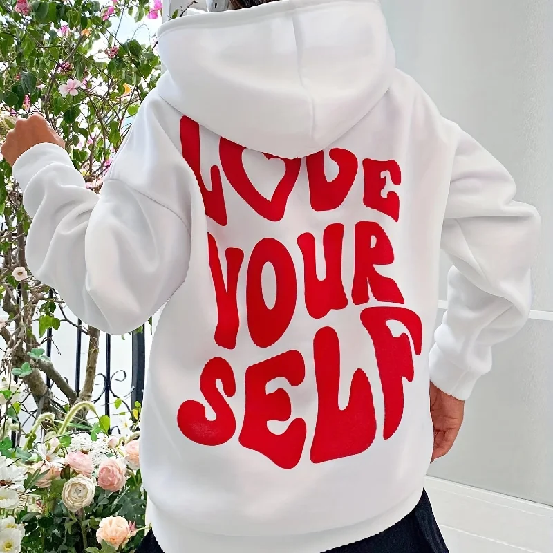 Sixsr Letter Print Back Drawstring Hoodies, Casual Long Sleeve Kangaroo Pocket Sweatshirt, Women's Clothing