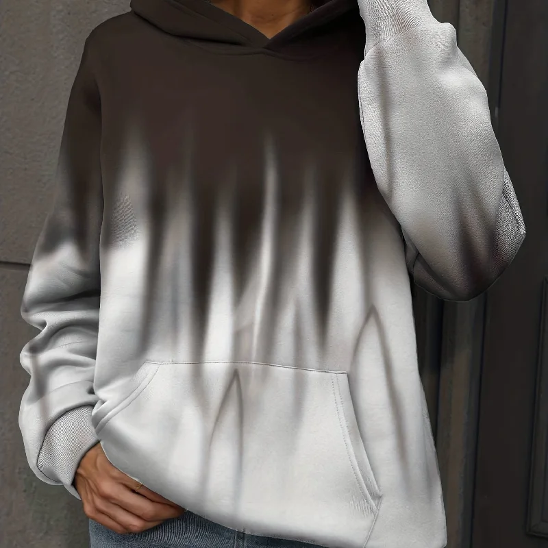 Sixsr Plus Size Casual Sweatshirt, Women's Plus Ombre Print Long Sleeve Slight Stretch Hoodie With Kangaroo Pocket