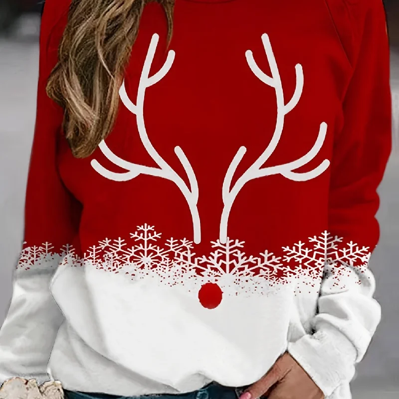 Sixsr Plus Size Christmas Casual Sweatshirt, Women's Plus Snowflake & Antler Print Long Sleeve Round Neck Medium Stretch Pullover Top