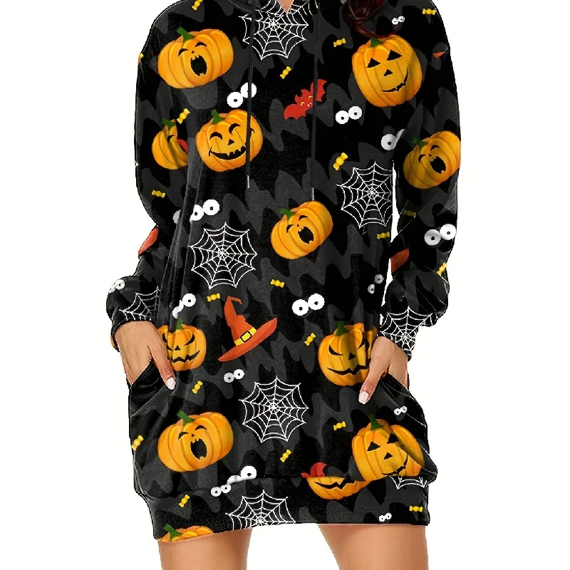 Sixsr Plus Size Halloween Casual Sweatshirt, Women's Plus Graphic Print Long Sleeve Drawstring Hooded Sweatshirt With Pockets