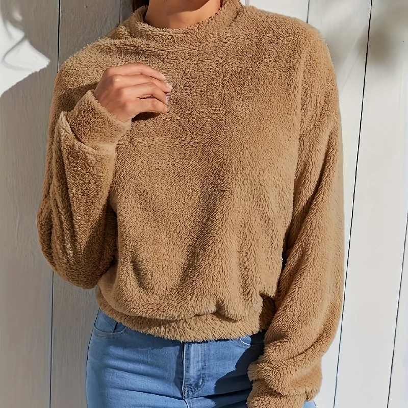 Sixsr Solid Color Teddy Pullover Sweatshirt, Casual Long Sleeve Crew Neck Sweatshirt For Fall & Winter, Women's Clothing