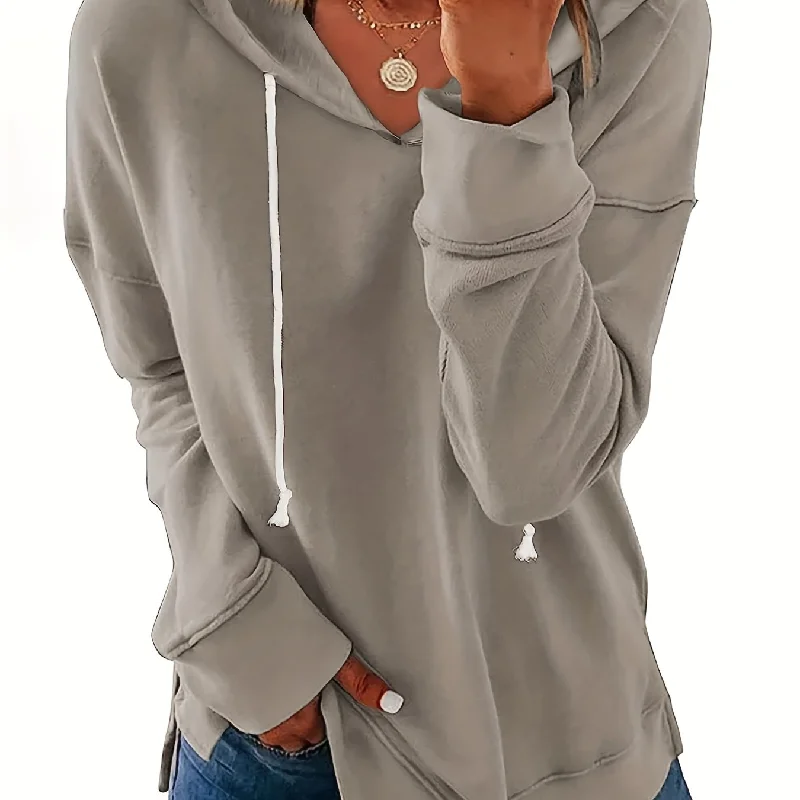 Sixsr Solid Split Side Hoodie, Casual Long Sleeve Drawstring Hoodies Sweatshirt, Women's Clothing