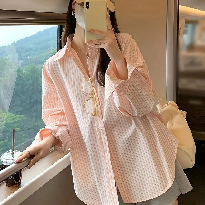 Sixsr Stripe Print Button Front Shirt, Casual Long Sleeve Shirt For Spring & Fall, Women's Clothing