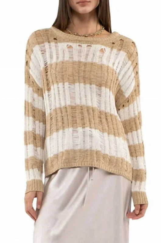 Stripe Open Knit Top In Khaki