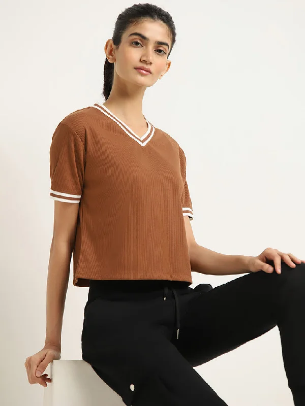 Studiofit Brown Cotton Ribbed T-Shirt