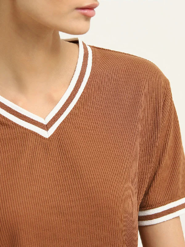 Studiofit Brown Cotton Ribbed T-Shirt