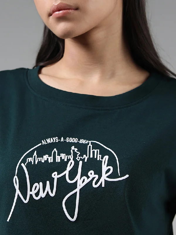 Studiofit Green Typographic Printed Cotton T-Shirt