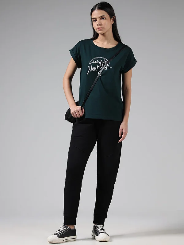 Studiofit Green Typographic Printed Cotton T-Shirt