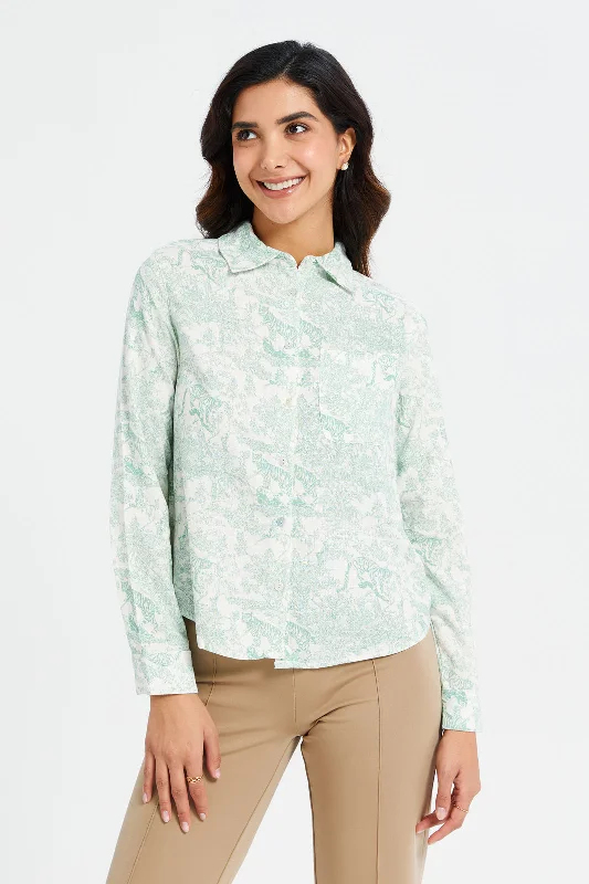 Women Teal And White Printed Shirt Blouse