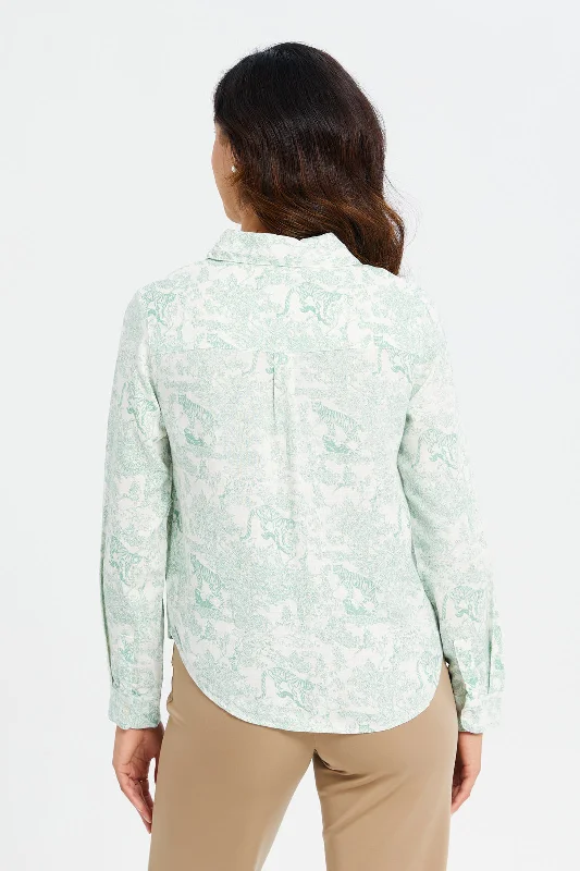 Women Teal And White Printed Shirt Blouse