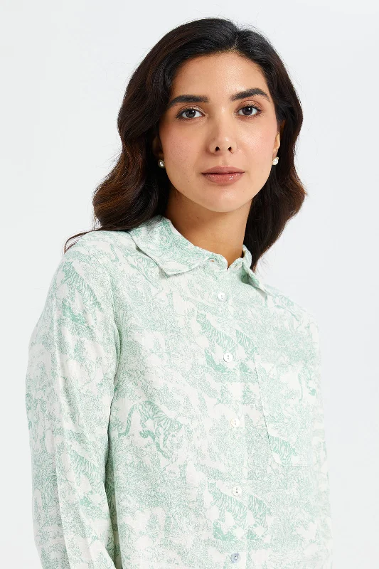 Women Teal And White Printed Shirt Blouse