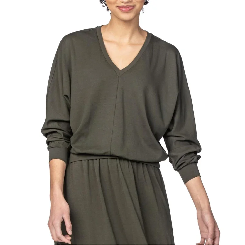 V-Neckline Dolman Long Sleeve Top In Olive