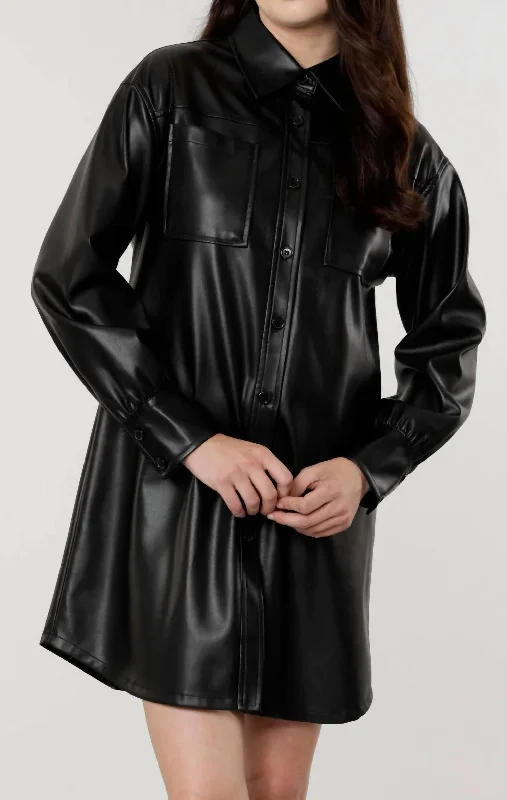 Vegan Leather Shirt Dress in Black