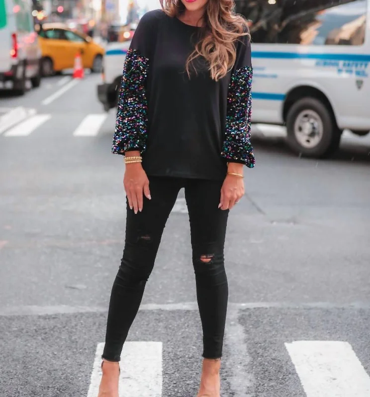 Vegas Lights Sequin Top In Black