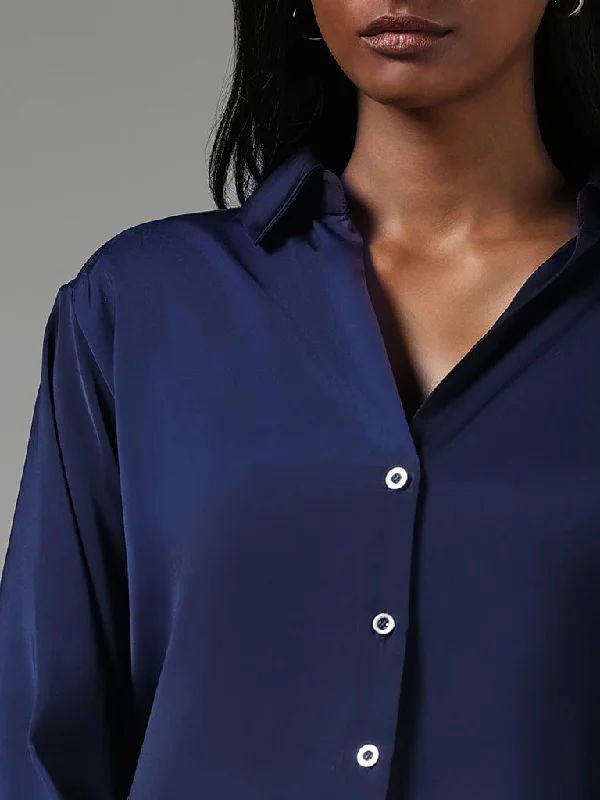 Wardrobe Solid Navy Satin Slim-Fit Shirt