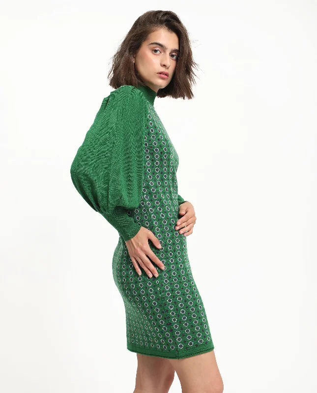 Rareism Women'S Web 2 Green Acrylic Fabric Full Sleeves High Neck Bishop Sleeve Regular Fit Geometric Print Knee Length Sweater