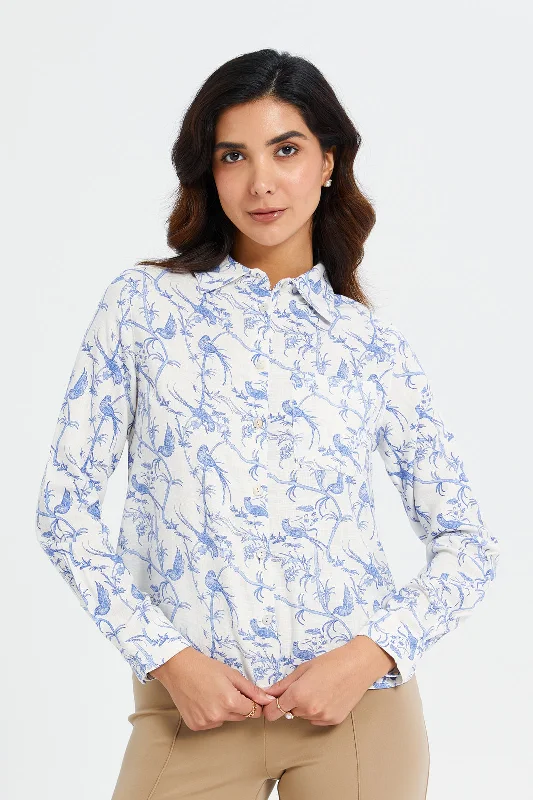 Women White And Blue Printed Shirt Blouse