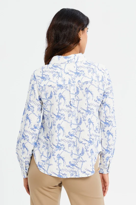 Women White And Blue Printed Shirt Blouse