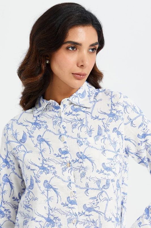 Women White And Blue Printed Shirt Blouse