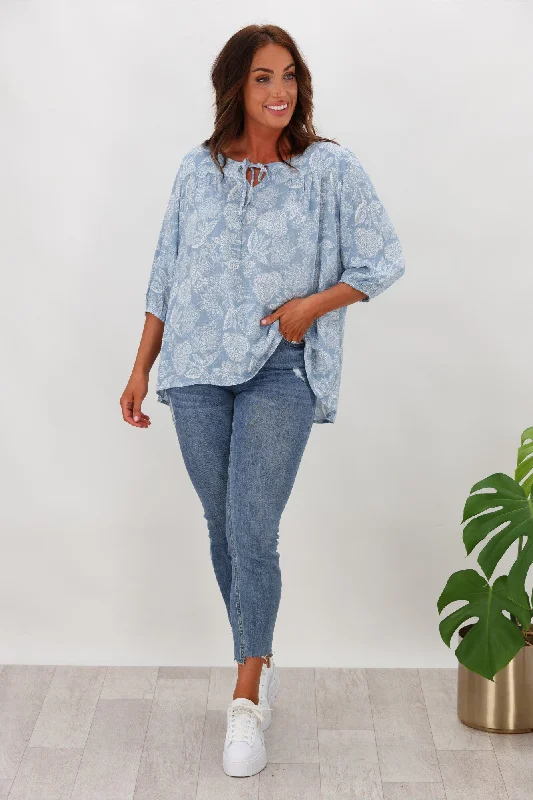 Willow & Tree Bailey Peasant Top Blue Floral